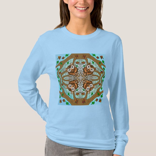 Camiseta Hand Drawn Owl Mandala Trabalho de arte (Frente)
