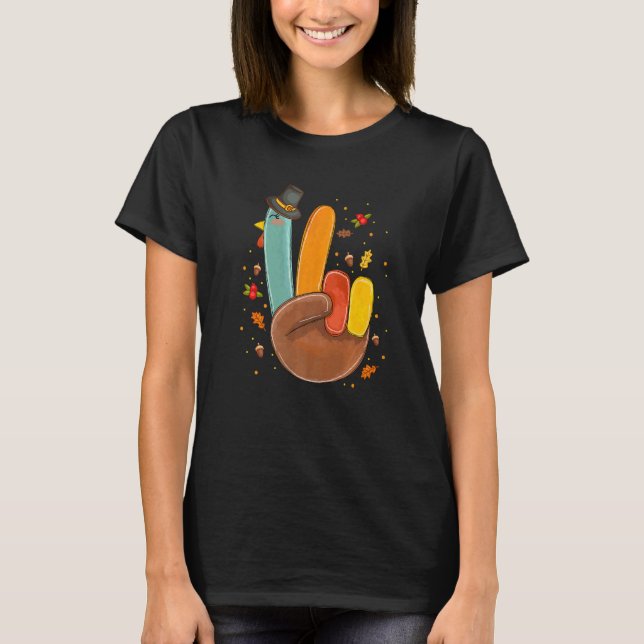 Camiseta Hand Peace Sign Turkey Pilgrim Hat Cool Retro Than (Frente)