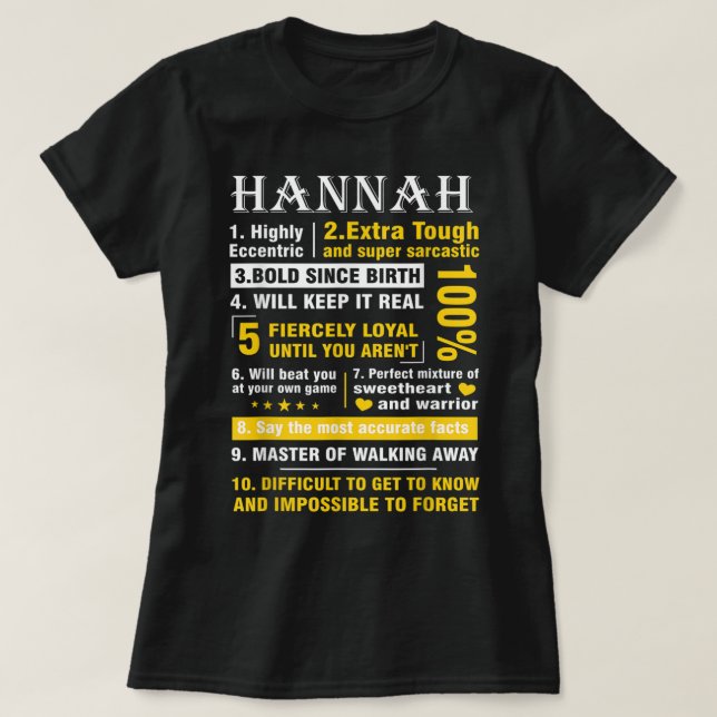 Camiseta HANNAH Altamente Ecêntrico 10 Fatos Mostra Nome (Frente do Design)