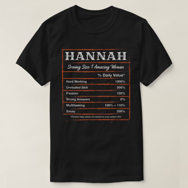 Camiseta Hannah Nutrition Fatos Nome Personalizado Nic (Frente do Design)