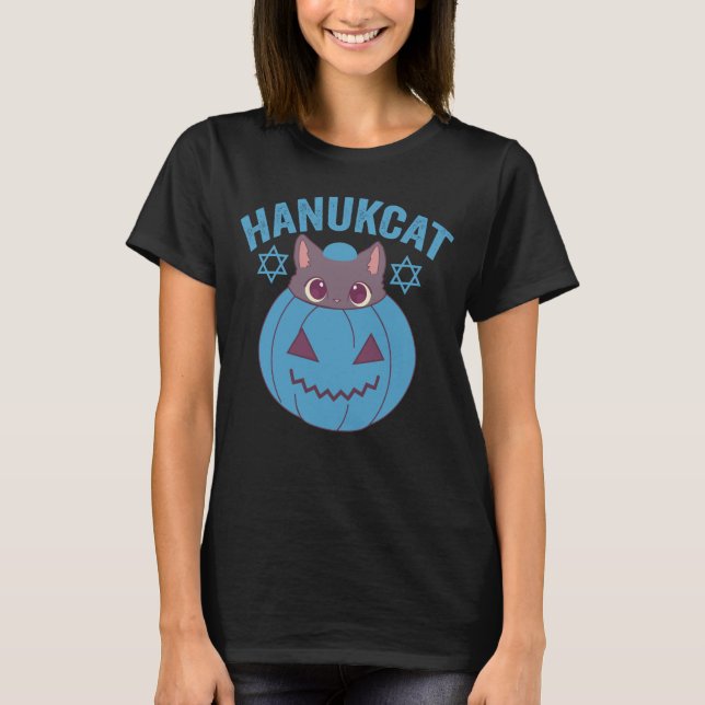 Camiseta Hanukcat Kawaii Pumpkin Cat Feriado Judeu Presente (Frente)