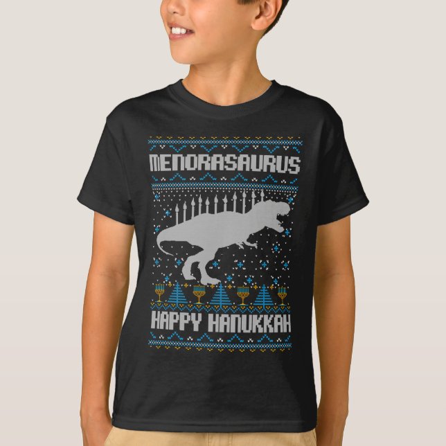 Camiseta Hanukkah Dinosaur T rex Menorah Ugly Swe de Natal (Frente)