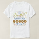 Camiseta Hanukkah é um divertimento inteiro do Latke<br><div class="desc">Este t-shirt de Hanukkah caracteriza a frase cómico,  "Hanukkah é um divertimento inteiro do latke." O design inclui desenhos dos dreidels,  de um menorah,  da estrela de David e de mais enfeites. A paleta de cores é vermelho cinza-azul,  da luz,  ouro e marrom.</div>