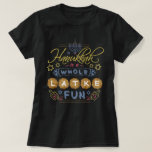 Camiseta Hanukkah é um divertimento inteiro do Latke<br><div class="desc">Este t-shirt de Hanukkah caracteriza a frase cómico,  "Hanukkah é um divertimento inteiro do latke." O design inclui desenhos dos dreidels,  de um menorah,  da estrela de David e de mais enfeites. A paleta de cores é vermelho cinza-azul,  da luz,  ouro e marrom.</div>