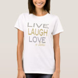 Camiseta Hanukkah "Live Laugh Love a Latke", Dourado/Prata<br><div class="desc">Chanucá "Live Laugh Love a Latke" Dourado/Prata TopEscolha entre mais de 155 estilos de camisa e tamanhos para este design.Estilo: Parte superior do Círculo Lento de Bella Canvas femininoSinta o fluxo no topo aberto da Bella Flor do cabo.A mistura perfeita entre o casual e o sexy, este top vai fazer...</div>