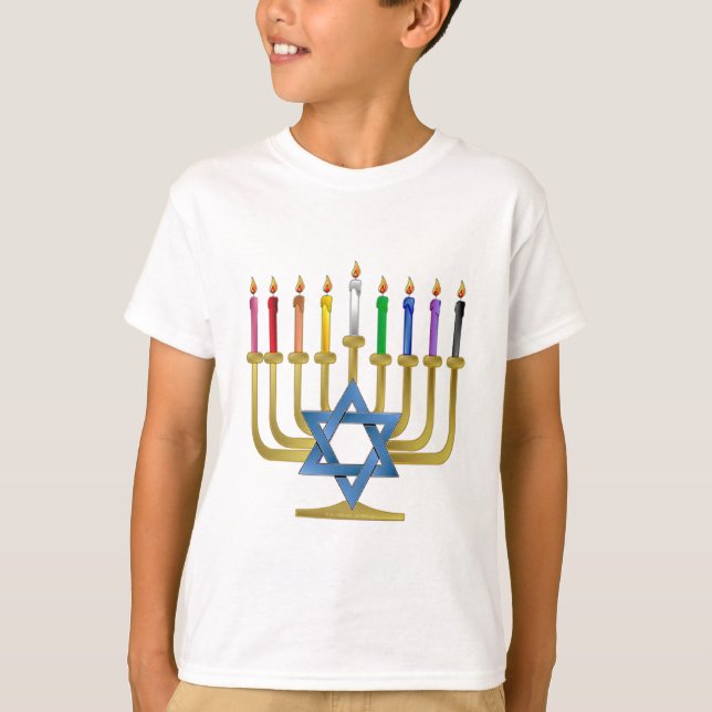 Camiseta Hanukkah Rainbow Candles Dourados Menorah (Frente)