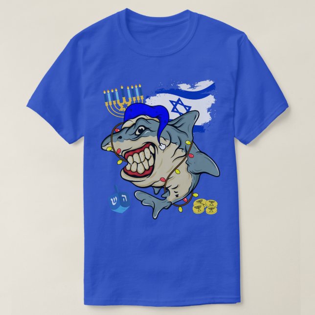 Camiseta Hanukkah Shark Jewish Holiday Menorah Chanukah Des (Frente do Design)
