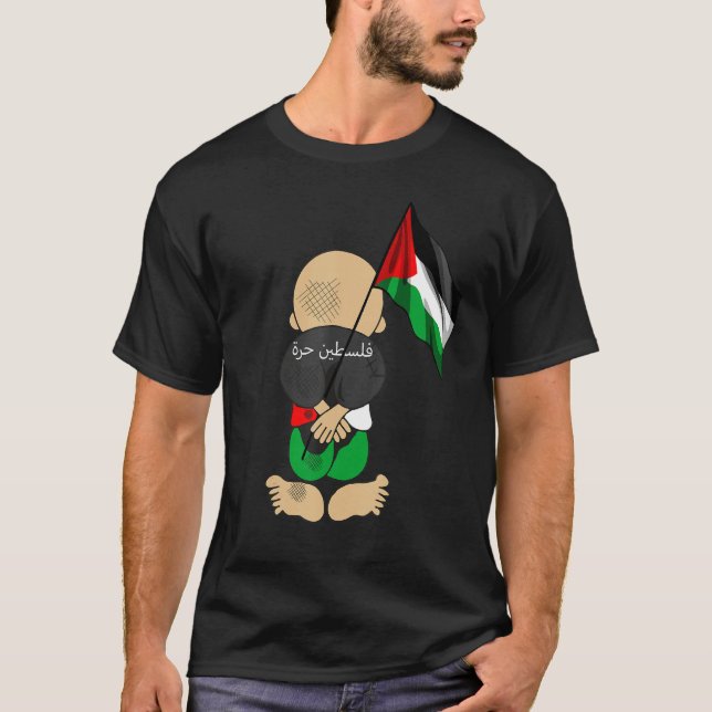 Camiseta Hanzala Palestine Flag Arabic Calligraphy Free Pal (Frente)
