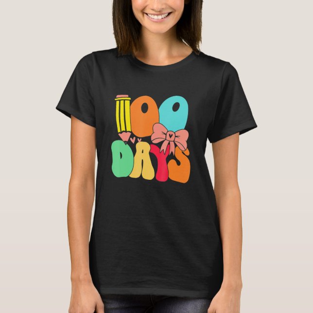 Camiseta Happy 100 Days Of School Teacher Kids Retro Groovy (Frente)