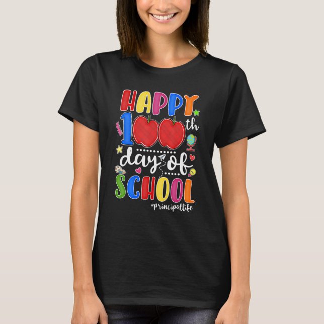 Camiseta Happy 100th Day Of School Red Plaid Apple Principa (Frente)