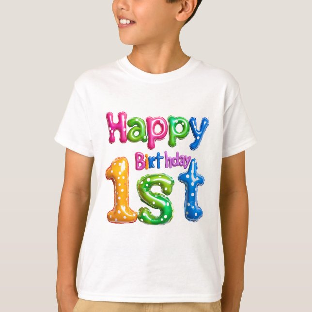 Camiseta Happy 1st Birthday – Colorful Balloon Design  (Frente)
