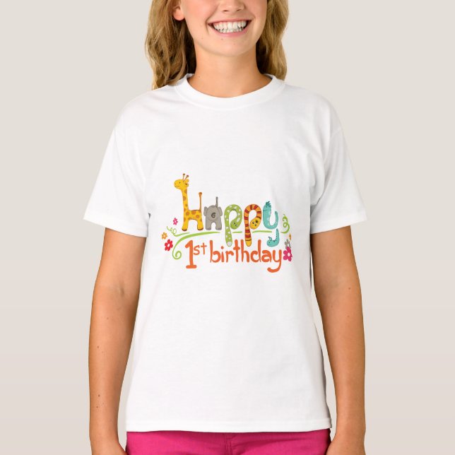 Camiseta Happy 1st Birthday – Cute Animal Theme Celebration (Frente)