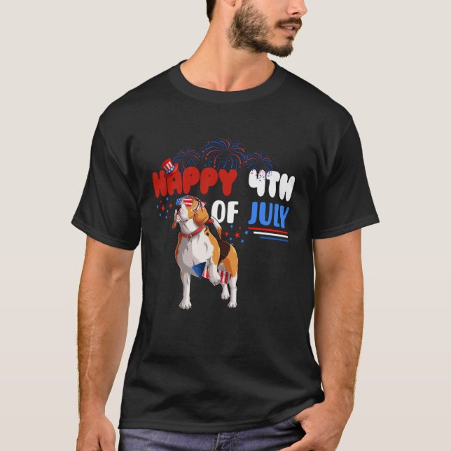 Camiseta Happy 4th Of July Beagle America Flag Sunglasses (Frente)