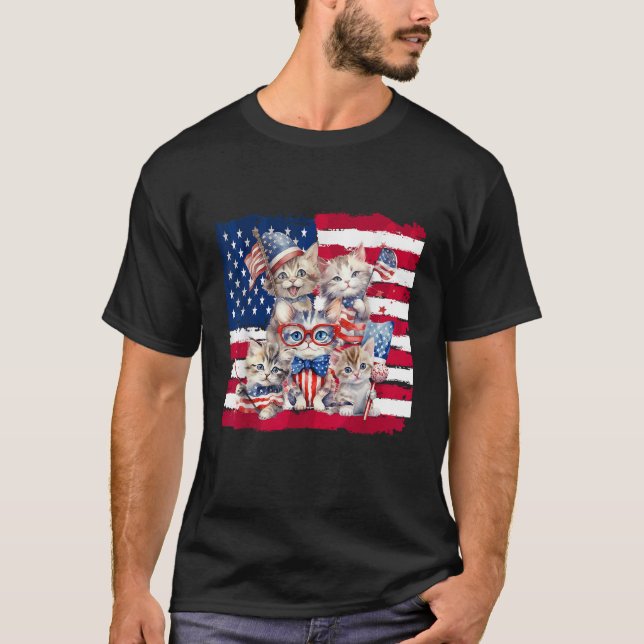 Camiseta Happy 4th Of July Cute Cat Kitten American Flag  f (Frente)