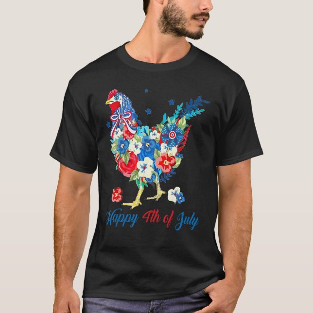 Camiseta Happy 4th Of July Floral Chicken Flowers Patriotic (Frente)