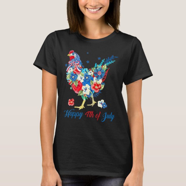 Camiseta Happy 4th Of July Floral Chicken Flowers Patriotic (Frente)
