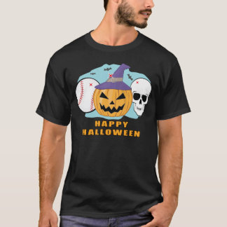 Camiseta Happy Baseball Halloween - Spooky Skull and Pumpki