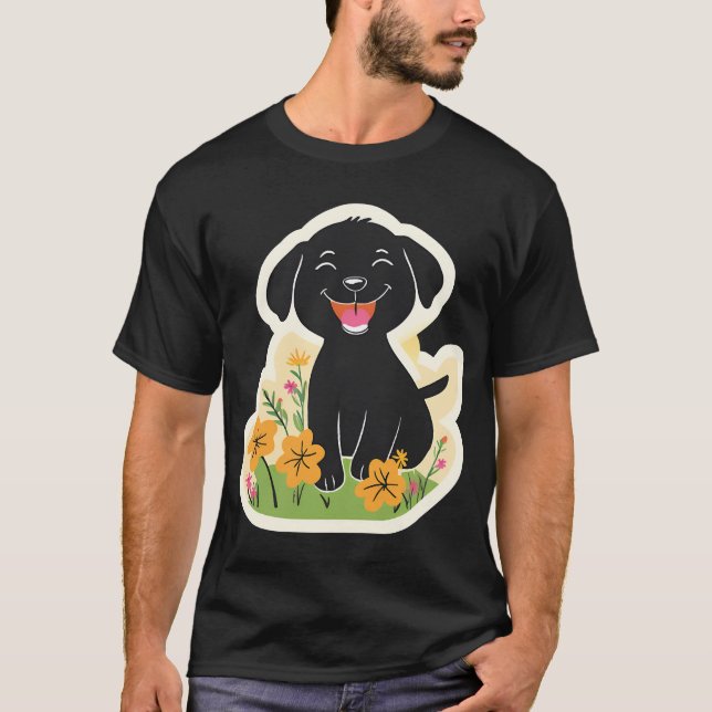 Camiseta Happy Black Puppy in Wildflowers (Frente)