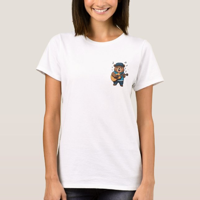 Camiseta Happy Brown Bear Musician Playing Acoustic Guitar  (Frente)