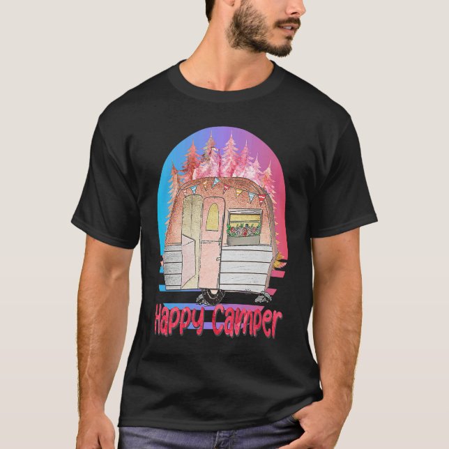 Camiseta Happy Camper Retro Sunset with Teardrop Camper (Frente)