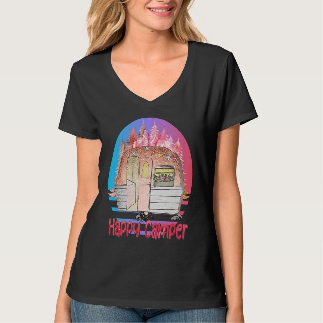 Camiseta Happy Camper Retro Sunset with Teardrop Camper (Frente)