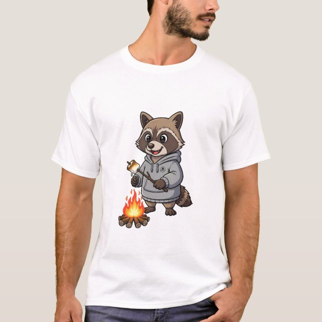 Camiseta Happy Camping Raccoon in Hoodie Roasting (Frente)