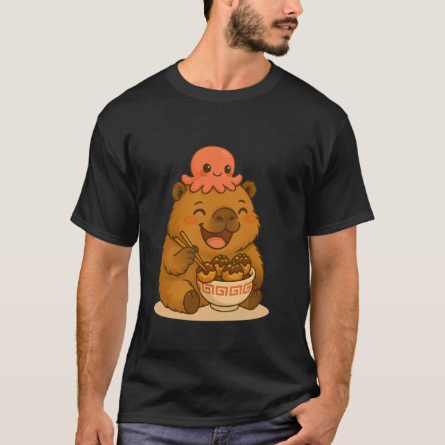 Camiseta Happy Capybara Eating Takoyaki with Octopus Kawaii (Frente)