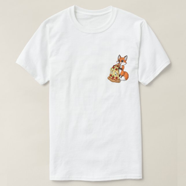 Camiseta Happy Cartoon Fox Eating Giant Cheesy Pizza (Frente do Design)
