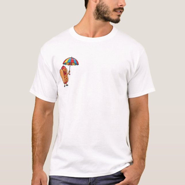 Camiseta Happy Cartoon Hotdog Character Holding Umberella (Frente)