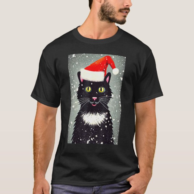 Camiseta Happy Cat Santa Hat Winter Christmas Holiday Vinta (Frente)