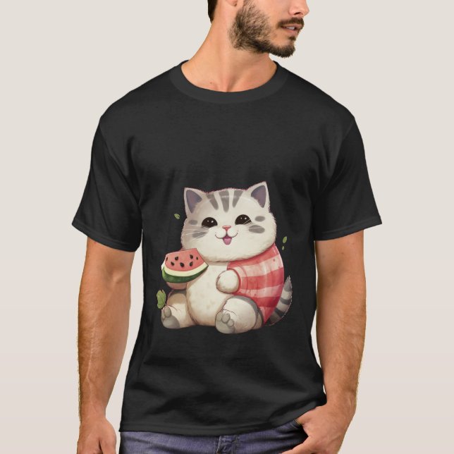 Camiseta Happy Chubby Cat with Watermelon Summer Art ✨🐾🍉 (Frente)