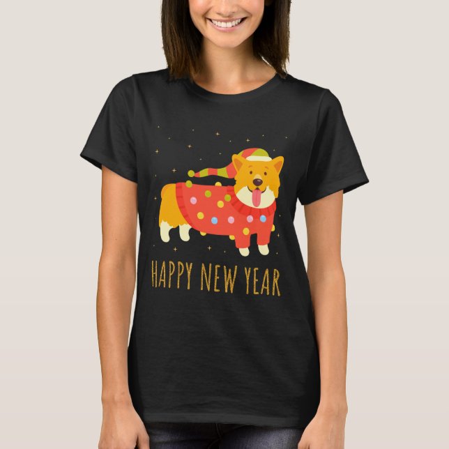 Camiseta Happy Dog Corgi Celebrating New Year Cozy Christma (Frente)