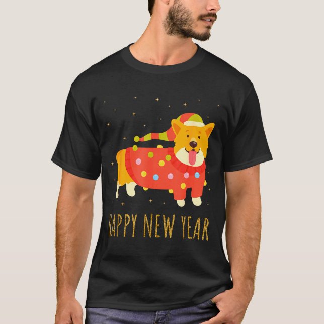 Camiseta Happy Dog Corgi Celebrating New Year Cozy Christma (Frente)