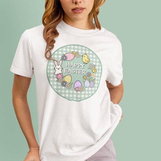 Camiseta Happy Easter Bunny Chick Eggs Green Gingham (Criador carregado)