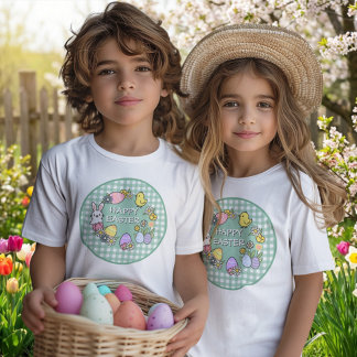 Camiseta Happy Easter Bunny Chick Eggs Green Gingham