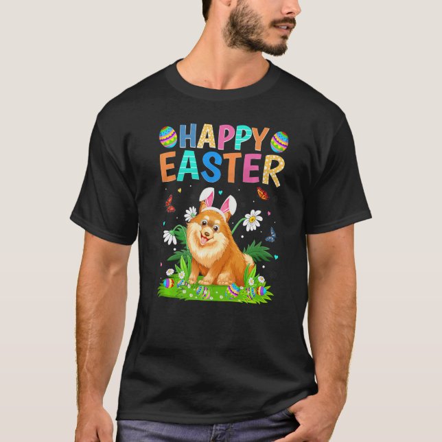 Camiseta Happy Easter Bunny Egg Funny Pomeranian Dog Easter (Frente)