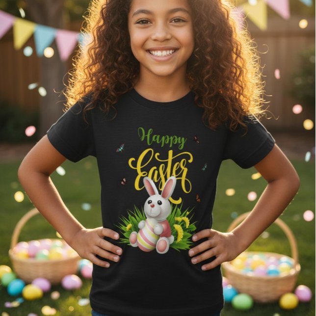 Camiseta Happy Easter Bunny Sunflowers Girls Black Tee (Criador carregado)
