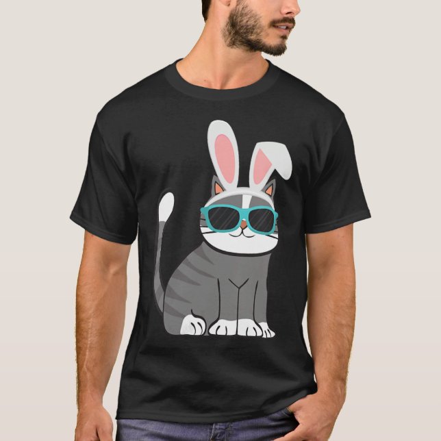 Camiseta Happy Easter Cool Cat With Bunny Ears and Glasses  (Frente)