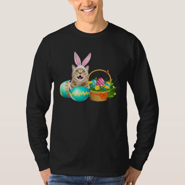 Camiseta Happy Easter Cute Bunny Cat Eggs Basket Men Women (Frente)