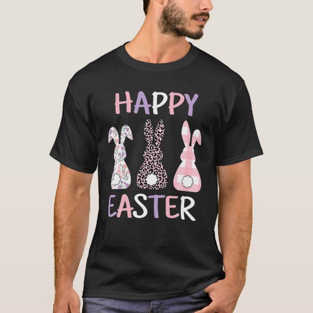 Camiseta Happy Easter Cute Pink Leopard Plaid Flower Bunny (Frente)