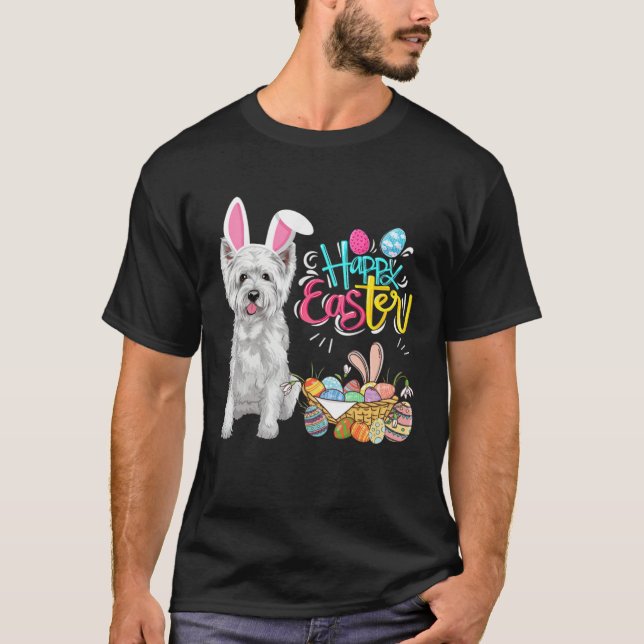 Camiseta Happy Easter Eggs Bunny Dog Westie Boys Girls (Frente)