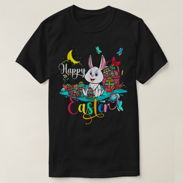 Camiseta Happy Easter Night Bunny Easter Eggs Basket Happy  (Frente do Design)