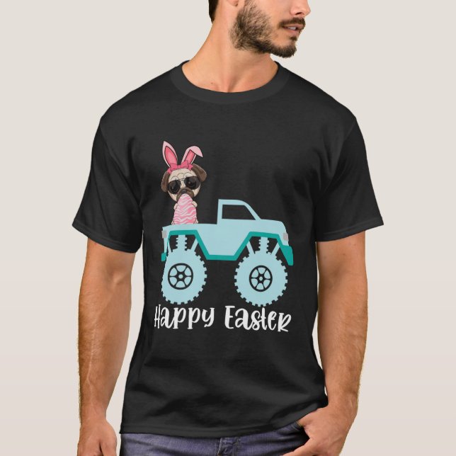 Camiseta Happy Easter Pug Dog Riding Monster Truck Toddler (Frente)