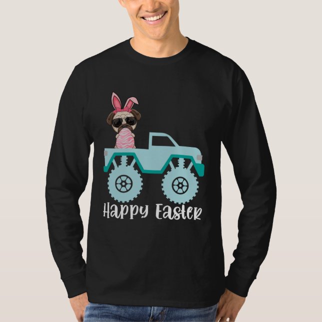 Camiseta Happy Easter Pug Dog Riding Monster Truck Toddler (Frente)