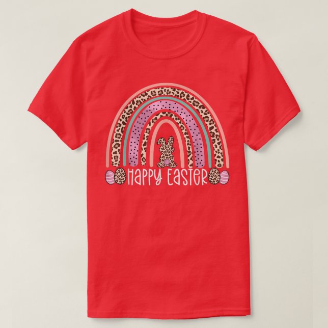 Camiseta Happy Easter Rainbow Leopard Bunny Egg Hunting Wom (Frente do Design)