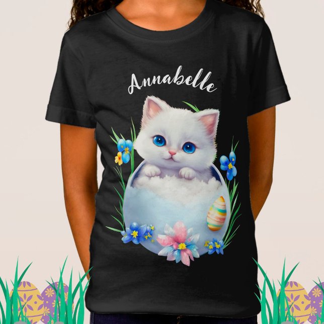 Camiseta Happy Easter White Kitten with Flowers  (Criador carregado)