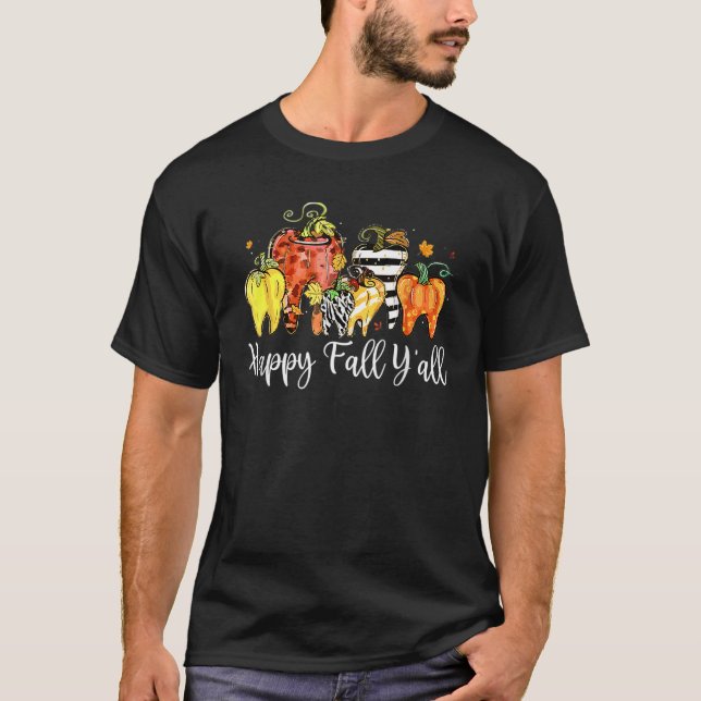 Camiseta Happy Fall Y'all Pumpkin Tooth Lepard Zebra Hallow (Frente)
