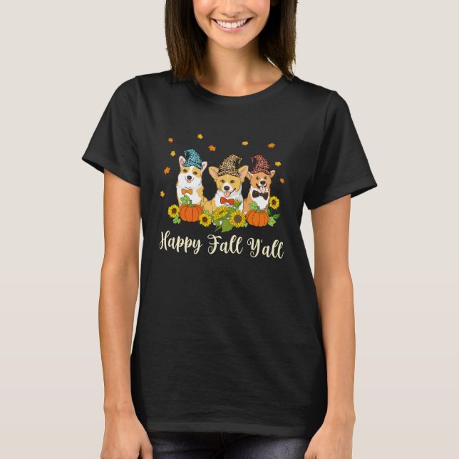 Camiseta Happy Fall Yall Shirt Corgi Leopard Pumpkin Hallow (Frente)