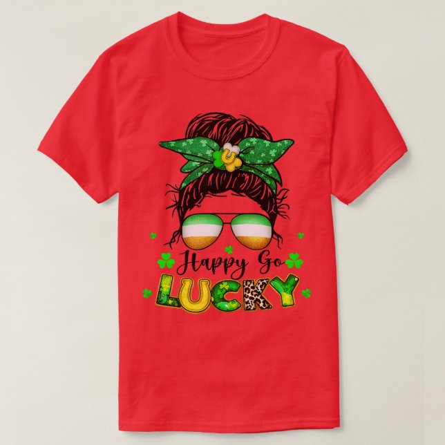 Camiseta Happy Go Lucky Mulheres Mensageiras Bun Shamrock R (Frente do Design)