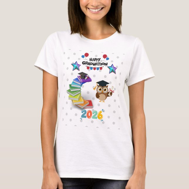 Camiseta Happy Graduation 2026 - Cute Owl & Books  (Frente)